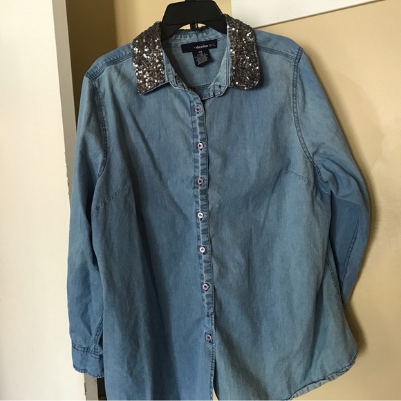 Denim 24/7 Plus Sz18W Long Sleeve Silver Sequined Collar Denim Shirt Comfy - Picture 7 of 7